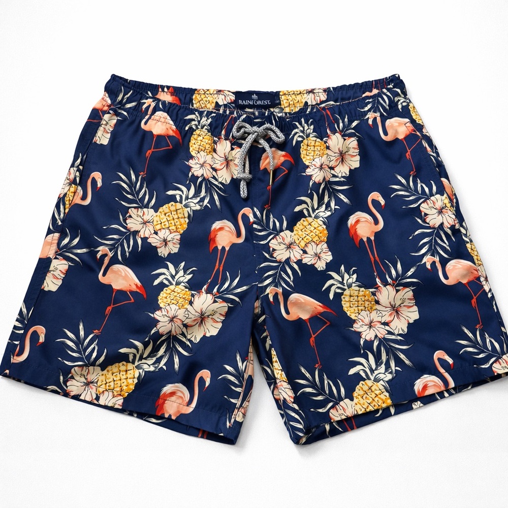 RAINFOREST Navy Flamingo Pineapple Swim Trunks
